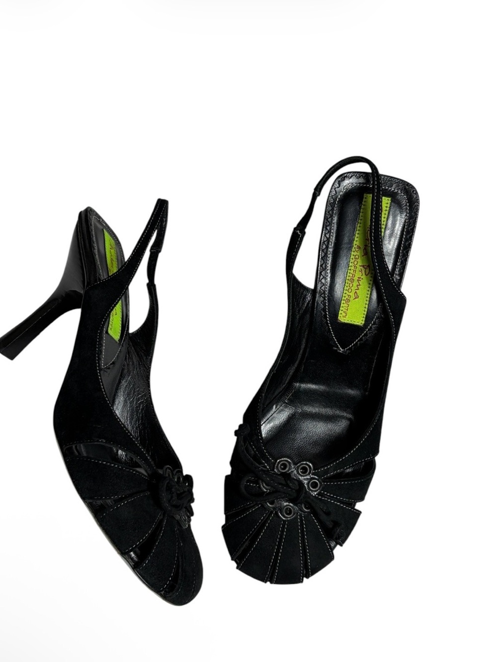 Y2K black Italian suede caged toe slingback kitten heel size 39 1/2